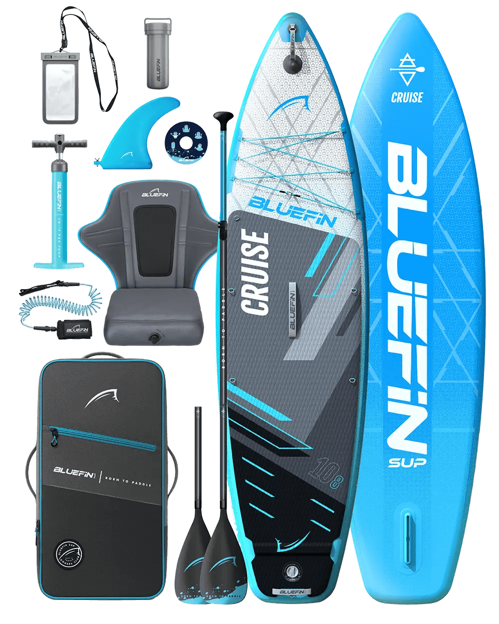 Inflatable paddleboard with accessories including a seat, paddles, pump, and carrying bag in blue and gray.