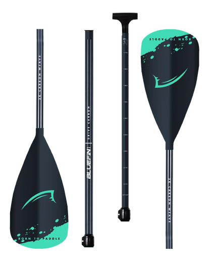 Three-piece paddle with a black shaft, teal blade, and adjustable length markings.