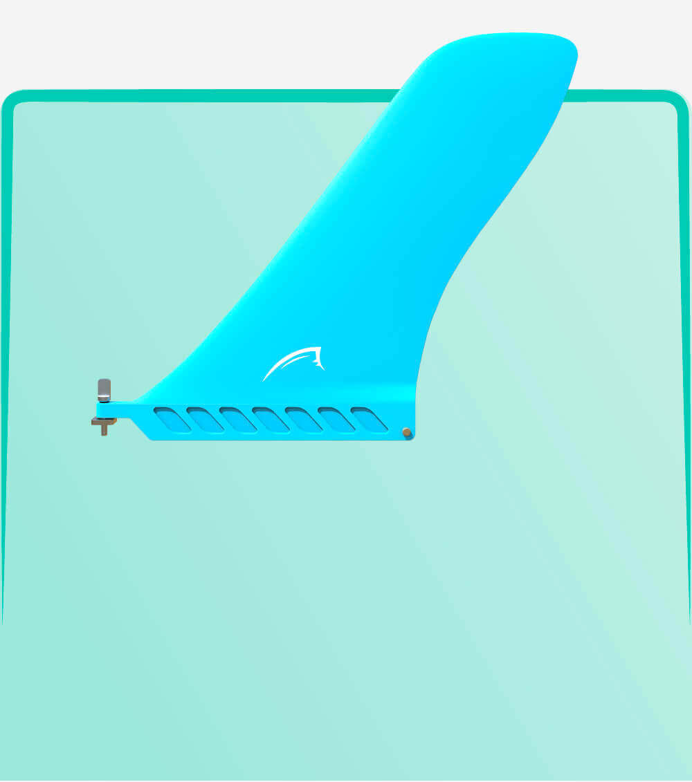 Blue fin for paddleboard with a curved top and slotted base for attachment
