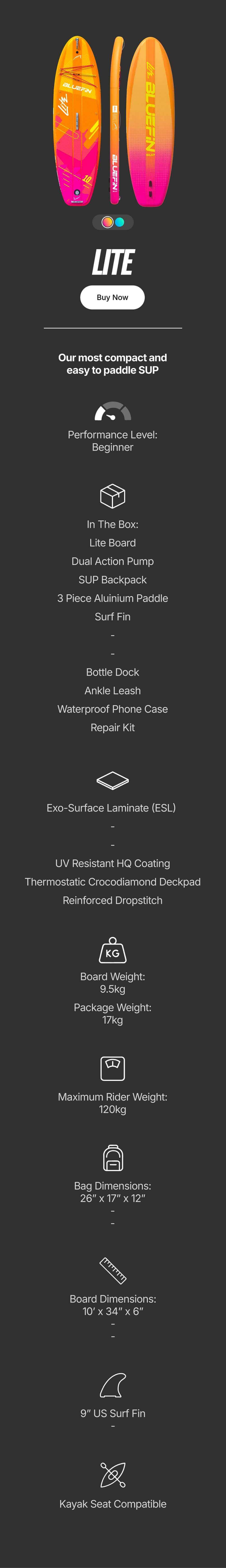 Inflatable paddleboard in orange and pink with textured deck, center fin, and included accessories