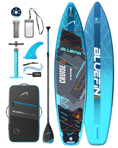 Inflatable paddleboard kit including a blue board, paddle, pump, fin, and carrying bag.
