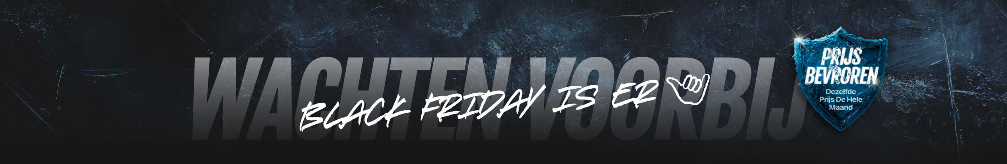 Black Friday promotional banner with text on a dark background and a shield graphic