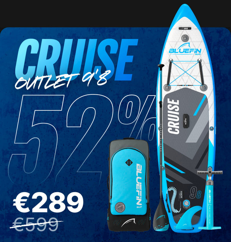 Inflatable paddleboard with blue and gray design, paddle, and backpack, showing price and discount.