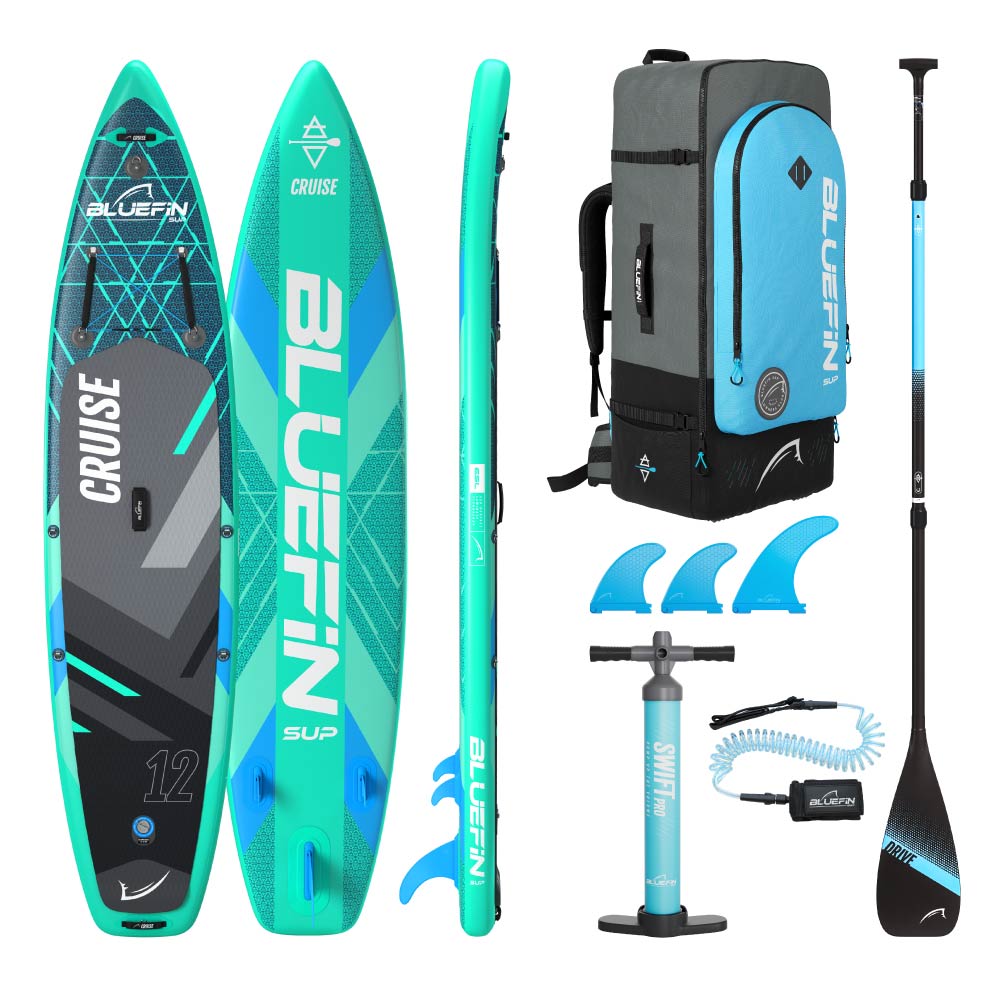 Inflatable paddleboard with blue and black design, backpack, paddle, fins, and pump included.