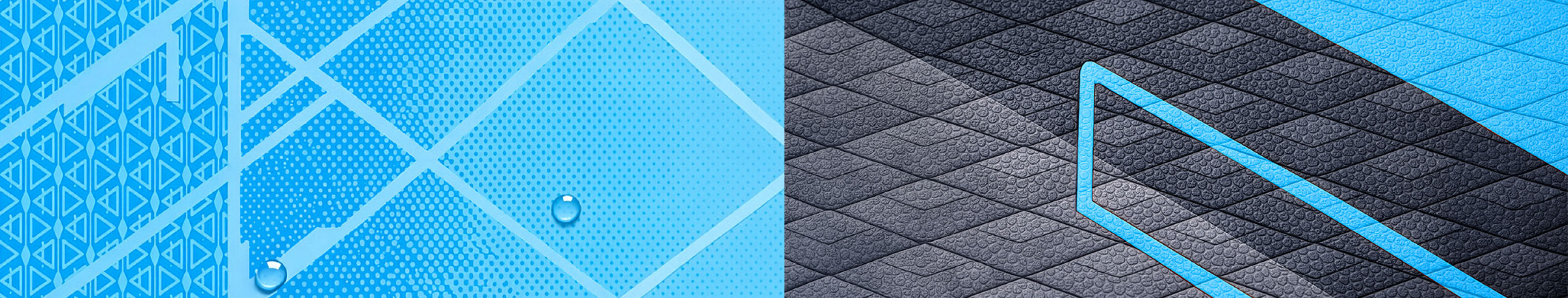 Textured blue paddleboard surface with geometric patterns and a water droplet on the left side