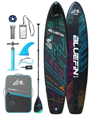 Lite Carbon opblaasbare paddleboardset met peddel, pomp, vin, leash, draagtas en accessoires