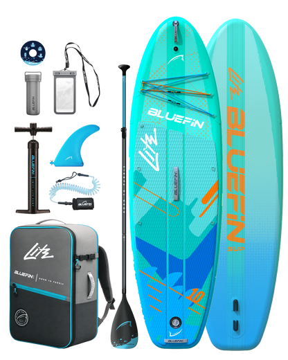Inflatable paddleboard with blue and turquoise design, paddle, pump, fin, backpack, and accessories.