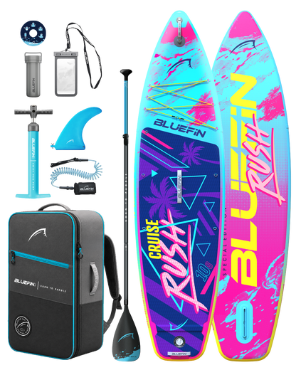 Inflatable paddleboard with colorful design, paddle, pump, fin, backpack, and accessories for water sports.