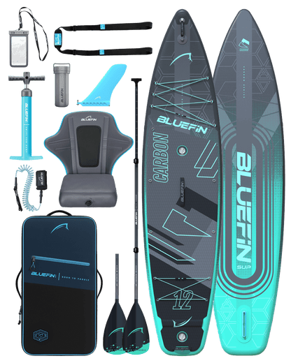 Inflatable paddleboard with accessories including a pump, paddle, seat, and carrying bag in blue and gray.