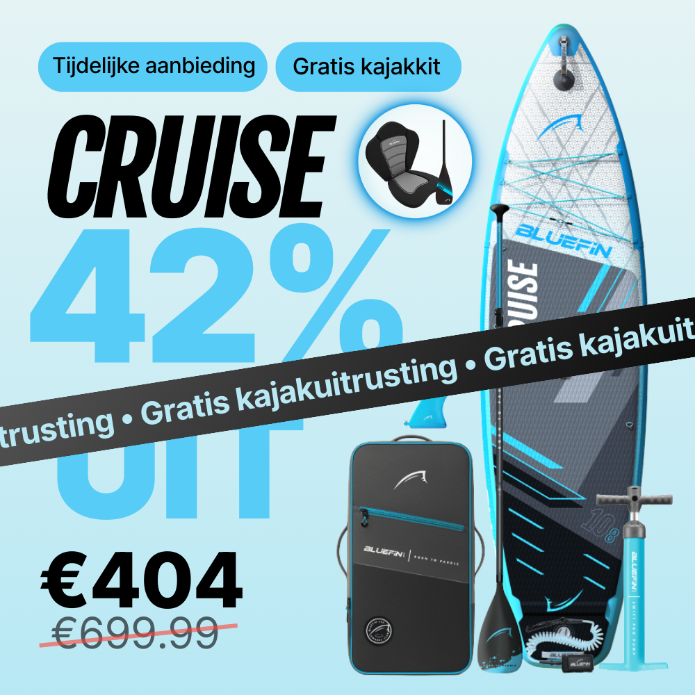 Inflatable paddleboard with blue and black design, paddle, pump, and carrying bag, showing 42% discount