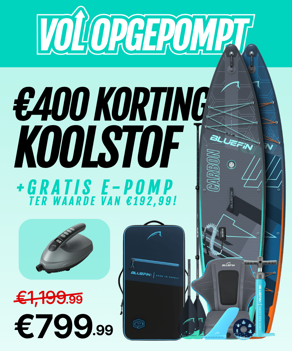 Bluefin inflatable paddleboard with paddle, e-pump, and carrying bag, featuring a textured deck and fin.