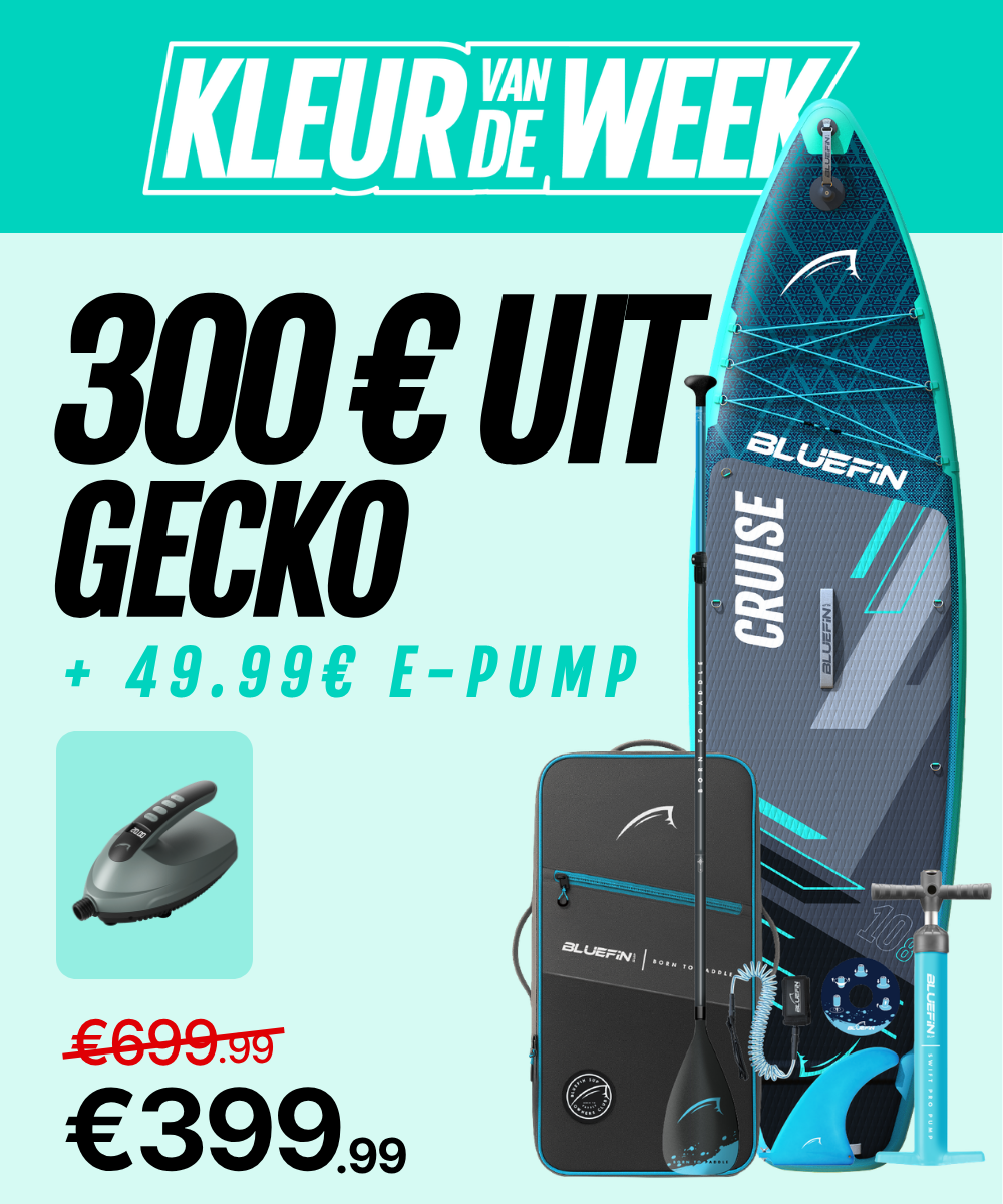 Inflatable Bluefin paddleboard with textured deck, fin, e-pump, and carrying bag, priced at €399.99
