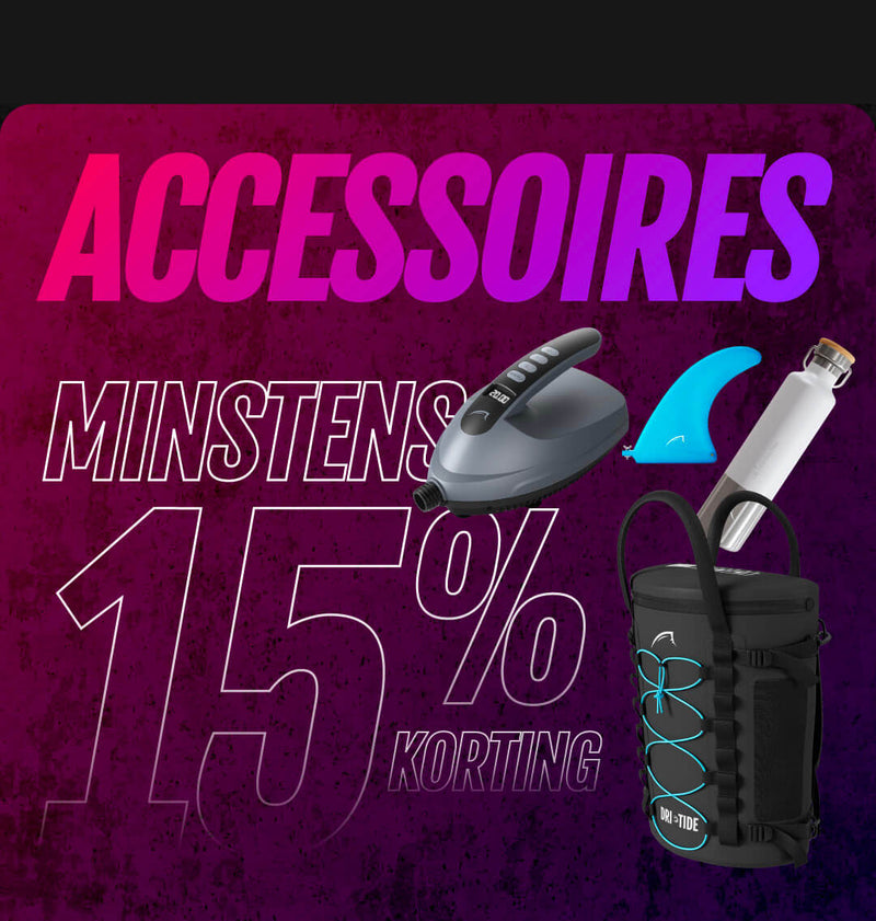 Various paddleboard accessories including a pump, fin, water bottle, and dry bag on a gradient background