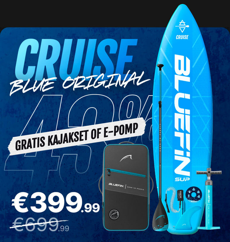 Bluefin inflatable paddleboard in blue with paddle, pump, and carrying bag, showing price and discount.