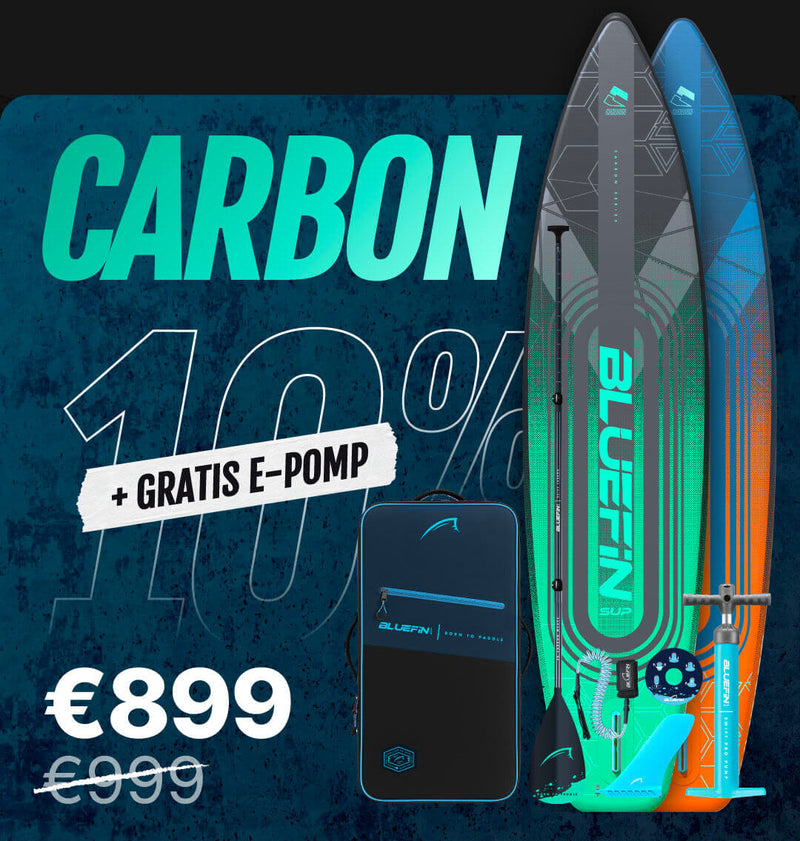 Inflatable paddleboard with blue and orange design, carrying bag, pump, and fin, priced at €899