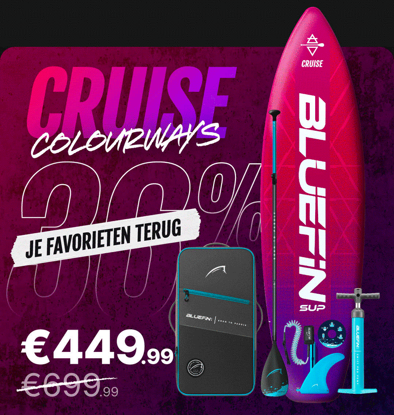 Inflatable paddleboard in pink and purple, paddle, pump, and carrying bag displayed with price and discount