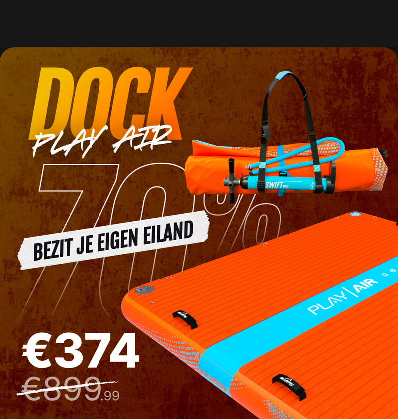 Orange inflatable paddleboard with blue accents, carrying strap, and price tag showing €374.