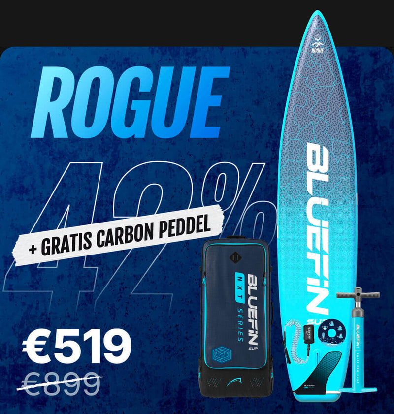 Inflatable paddleboard with blue design, pump, and carrying bag, showing 42% discount and price