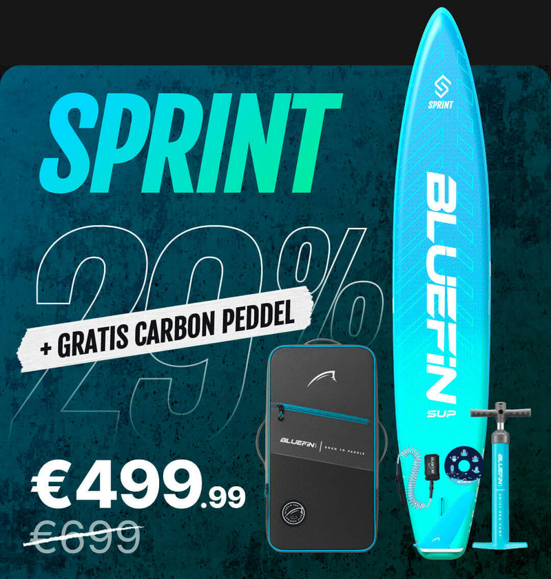 Inflatable paddleboard with blue design, pump, and carry bag, showing price and discount details