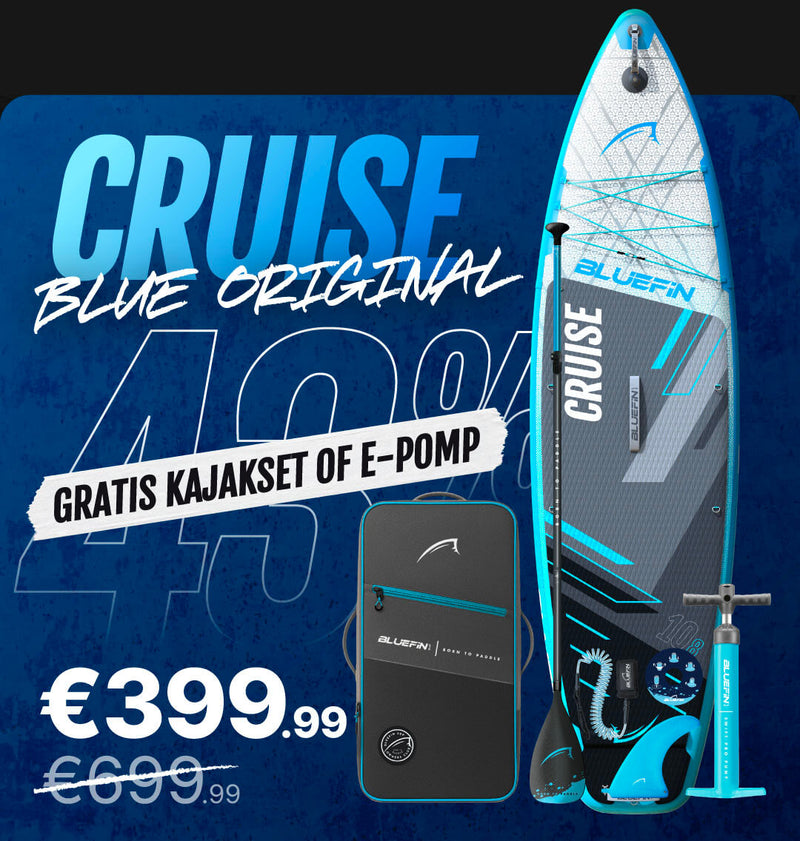 Inflatable paddleboard with blue and black design, pump, and carrying bag, showing price and discount.