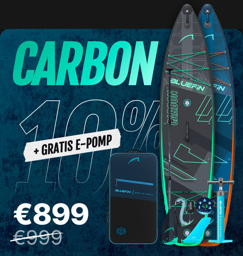 Two inflatable paddleboards with a pump, carrying bag, and promotional text for a discount
