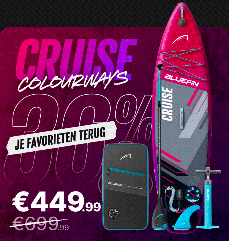 Inflatable paddleboard in pink and gray with fin, pump, and carrying bag, showing 30% discount.