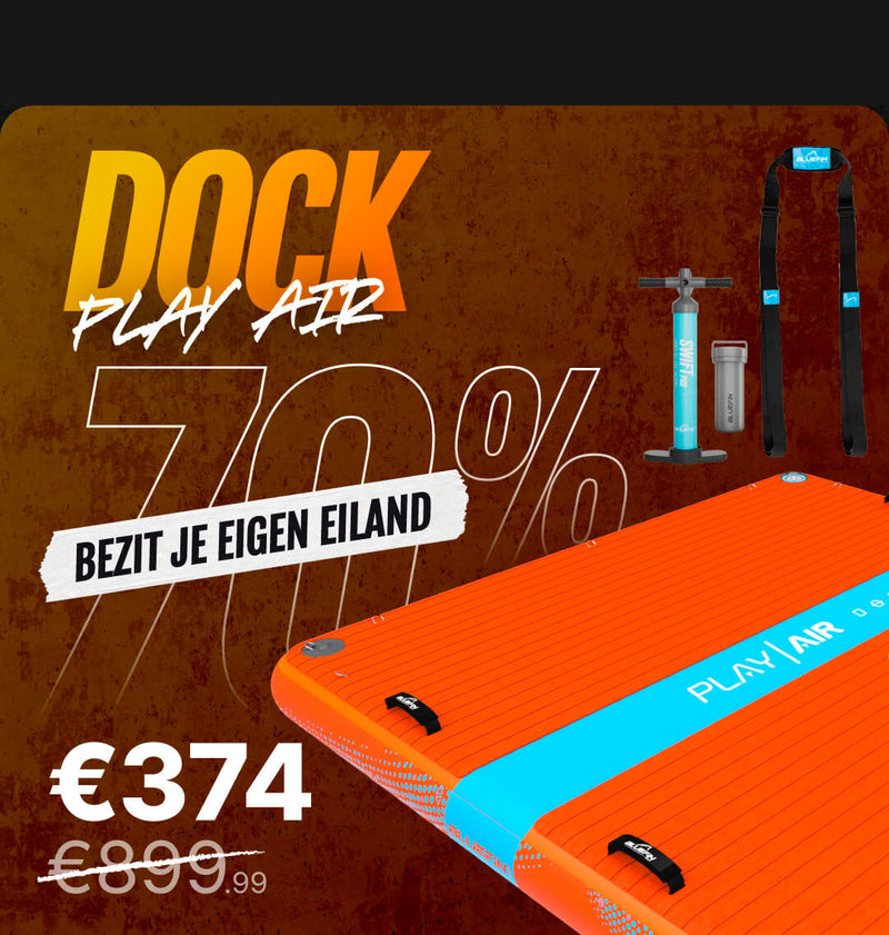 Inflatable orange paddleboard with blue accents, pump, and straps, displaying a 70% discount.