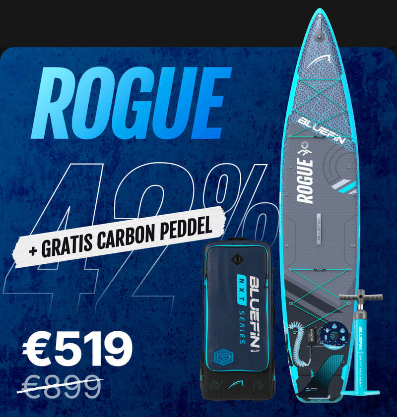 Inflatable paddleboard with textured surface, fin, pump, and carrying bag, showing 42% discount.