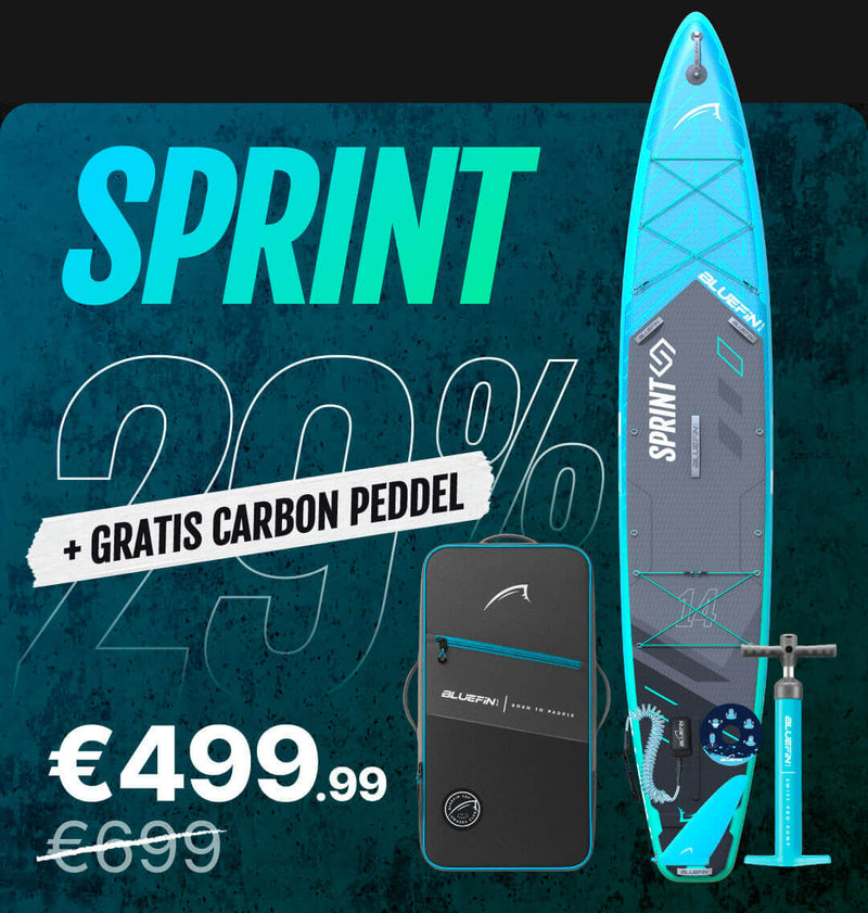 Inflatable paddleboard with blue and gray design, pump, and carrying bag, showing price and discount.