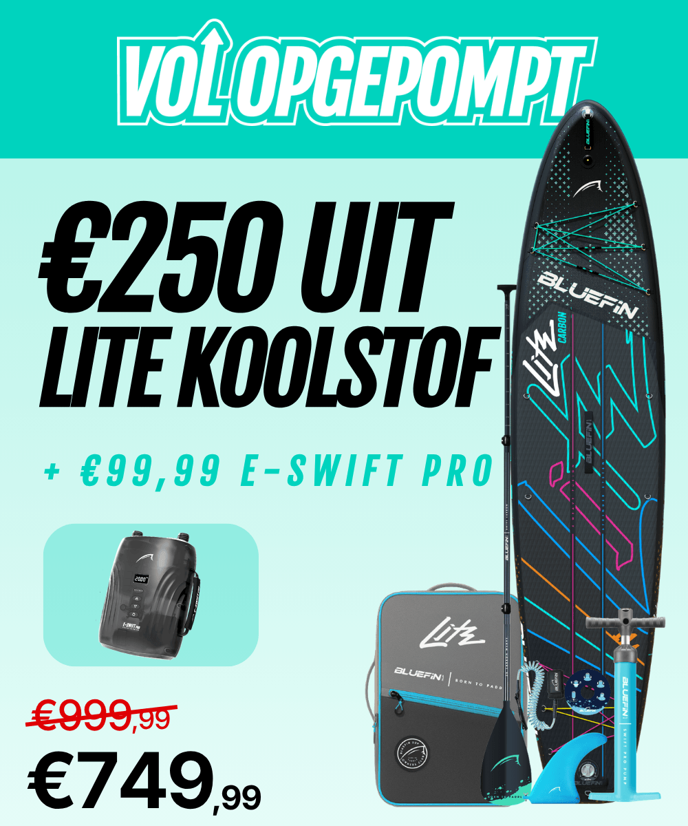 Promotional image featuring a Bluefin SUP paddleboard, paddle, pump, and accessories with pricing details.