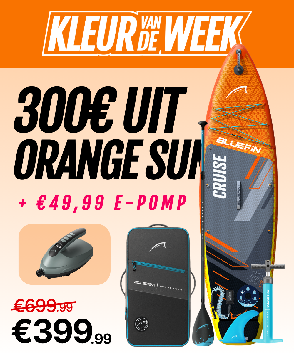 Inflatable paddleboard with orange design, pump, and carry bag, showing price and discount details