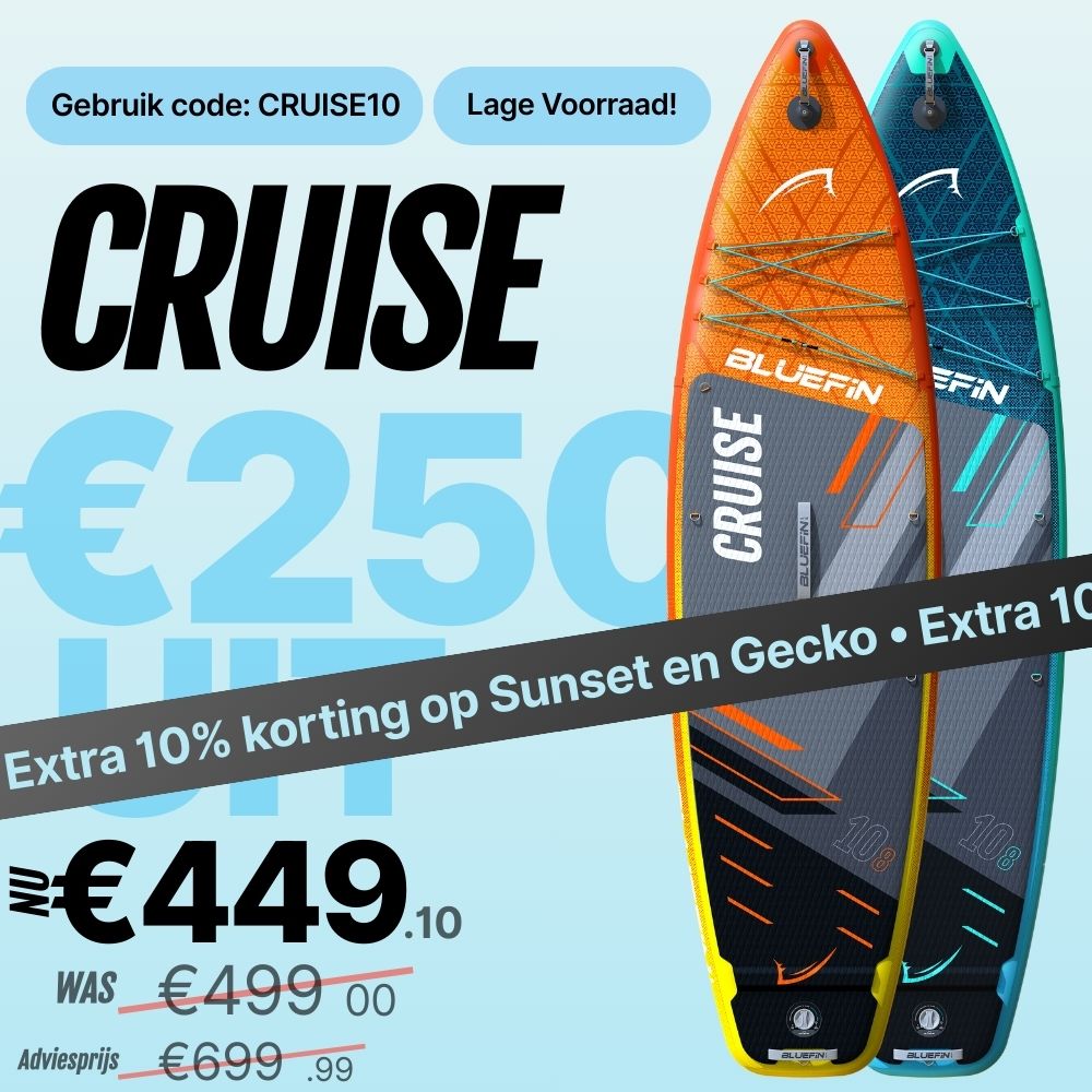 Two inflatable paddleboards in orange and teal with price details and promotional text