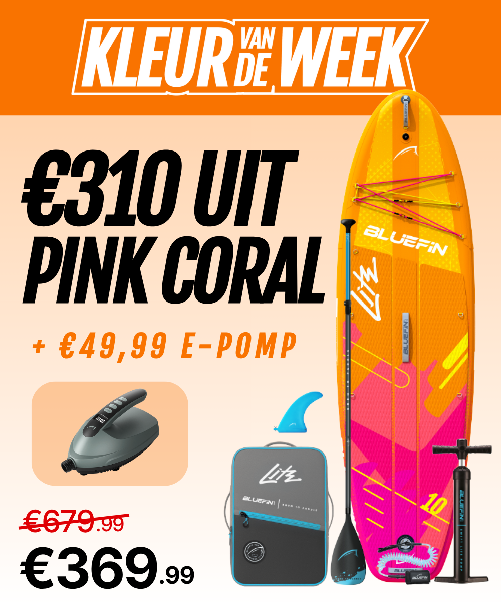 Inflatable paddleboard in pink coral with center fin, pump, and carrying bag, priced at €369.99