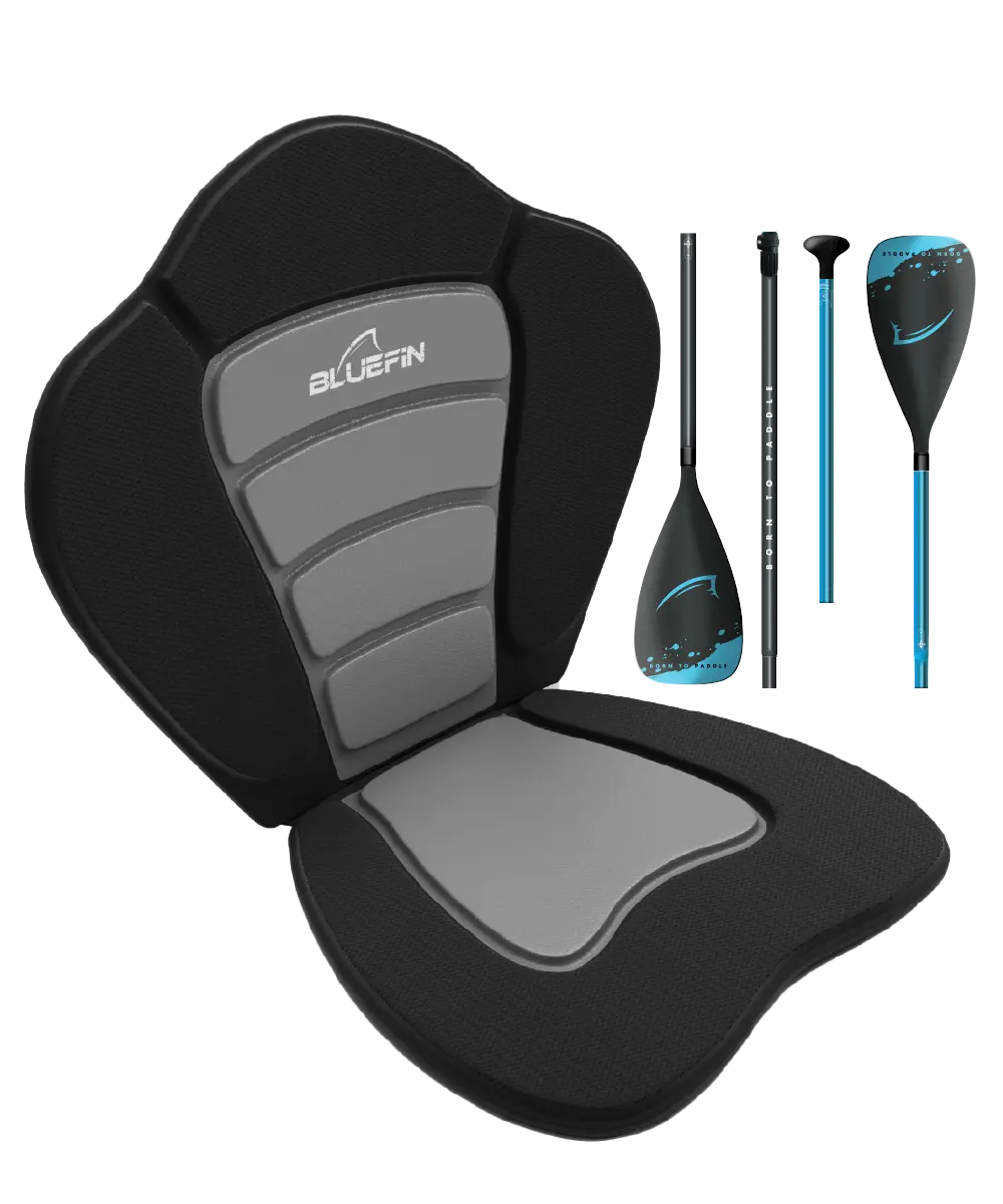 Bluefin SUP seat with gray padding and black cover, alongside two adjustable paddles and a paddle shaft.