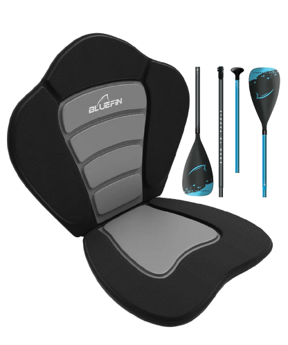 Bluefin SUP seat with gray padding and black cover, alongside two adjustable paddles and a paddle shaft.