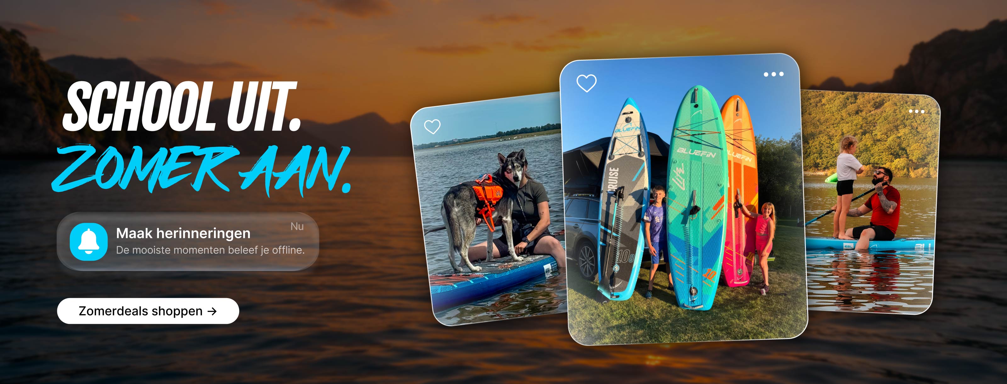 Three images of people paddleboarding, with colorful boards and scenic backgrounds.