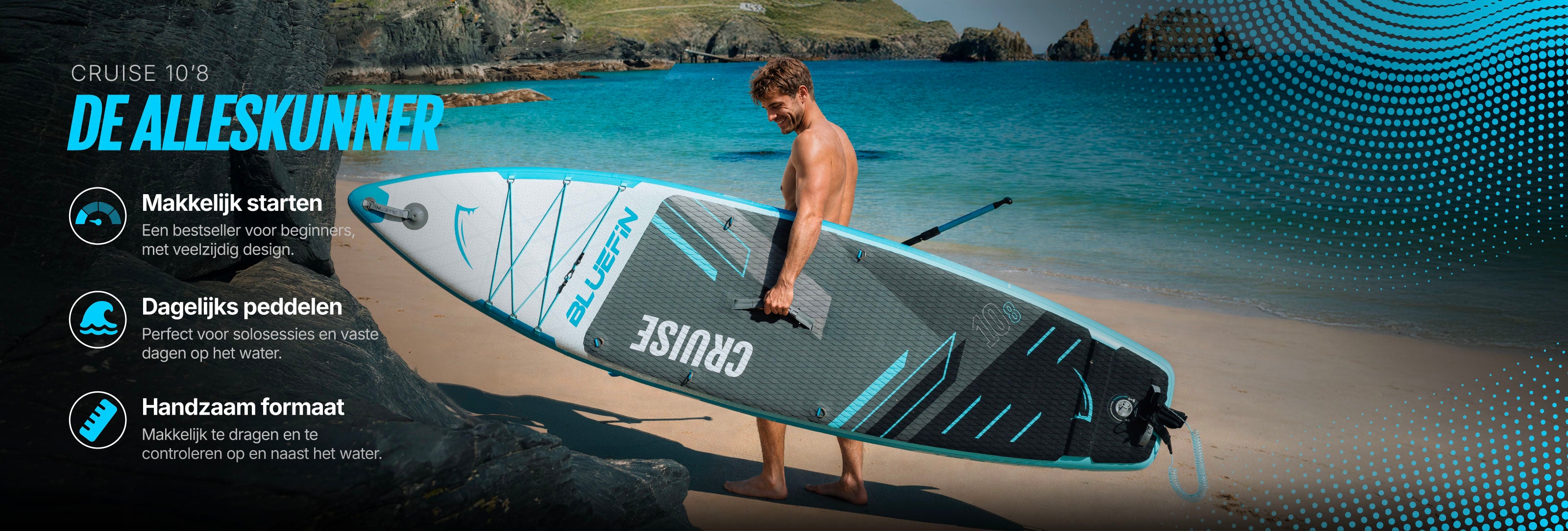 Man holding a Bluefin Cruise 10'8 inflatable paddleboard on a beach with clear water and rocks.
