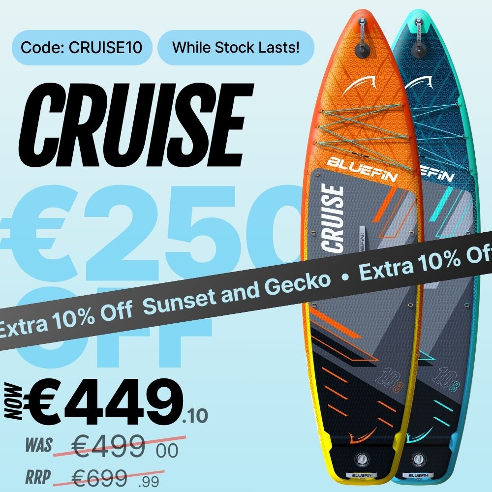 Two inflatable paddleboards in orange and teal with price and discount details displayed.