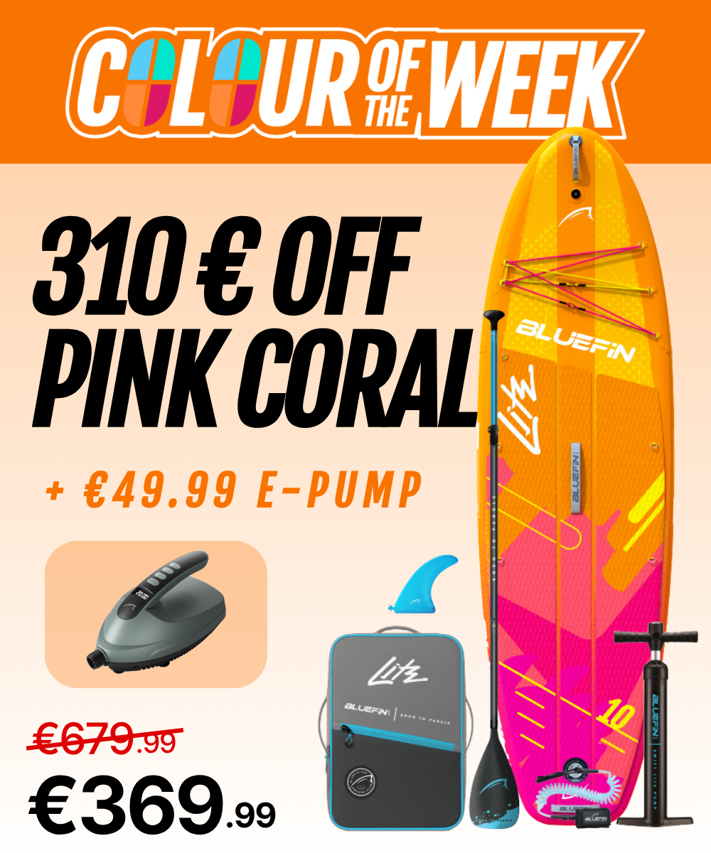 Inflatable paddleboard in pink coral with center fin, paddle, and electric pump for sale at €369.99